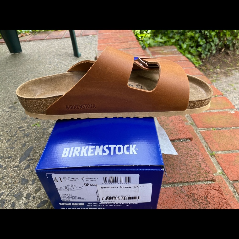 NWT Birkenstock Arizona Antique Pull Cognac Slides